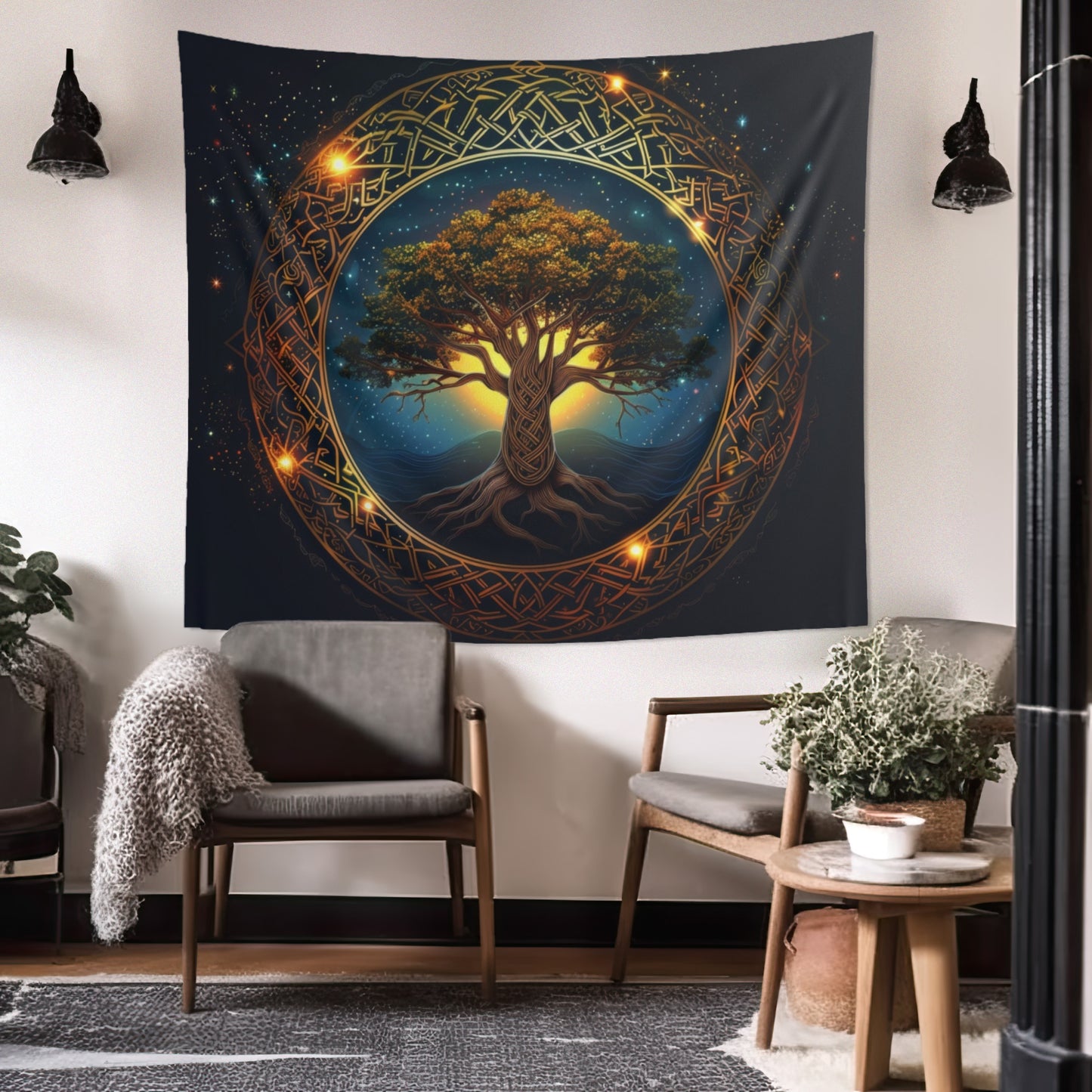 Celtic Tree of Life Mandala Indoor Wall Tapestry, Ancient Occult Aesthetic Altar Cloth, Folk Nature Style Living, Dorm & Bed Room Decor