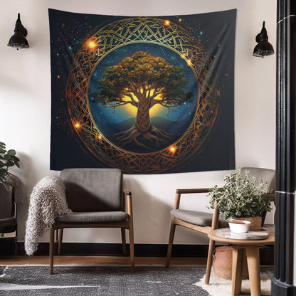 Celtic Tree of Life Mandala Indoor Wall Tapestry, Ancient Occult Aesthetic Altar Cloth, Folk Nature Style Living, Dorm & Bed Room Decor