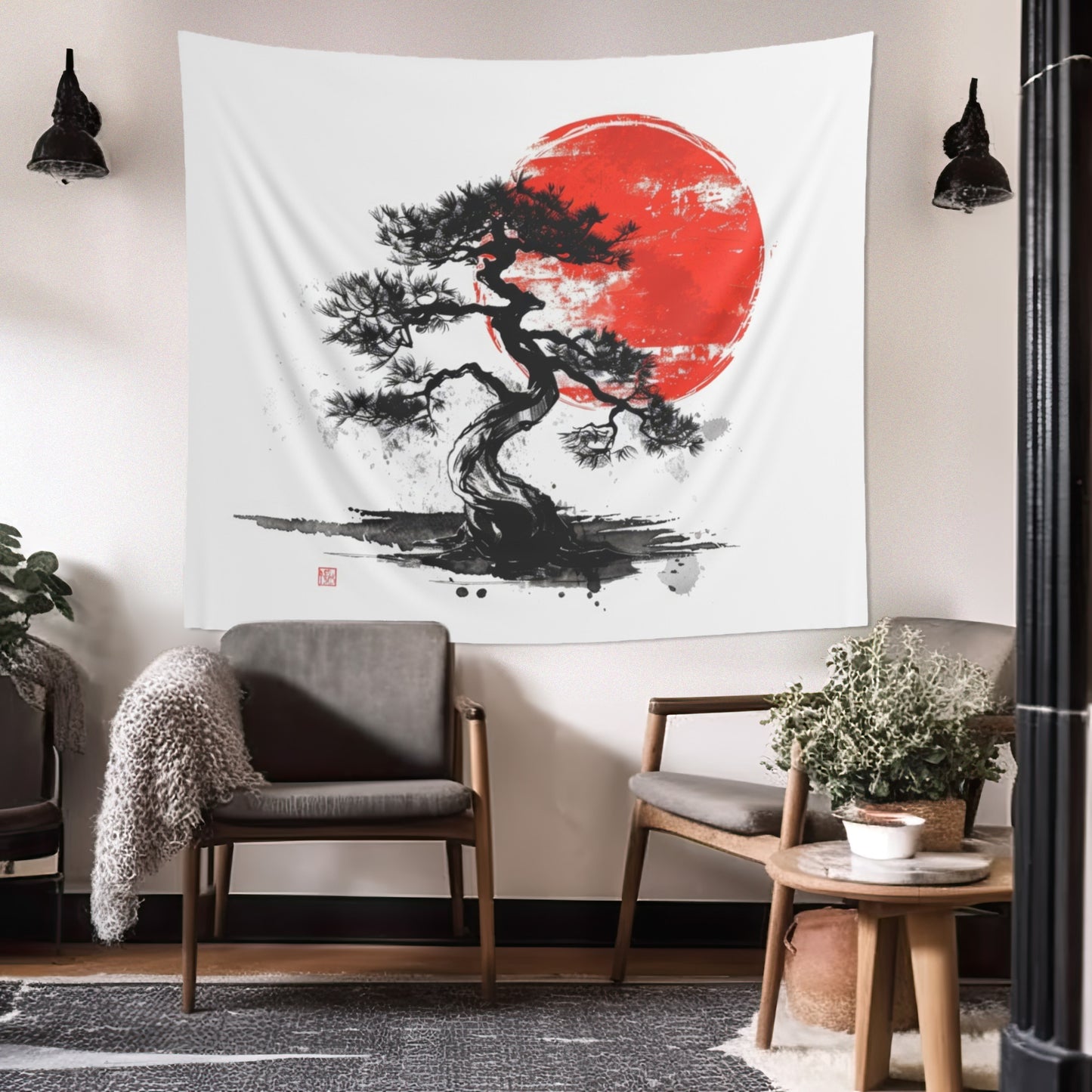 Traditional Chinese Bonsai & Red Sun Wall Tapestry, Elegant Ink Wash Style Art, Serene Zen Decor for Home, Bedroom, Living Space, and Dorms