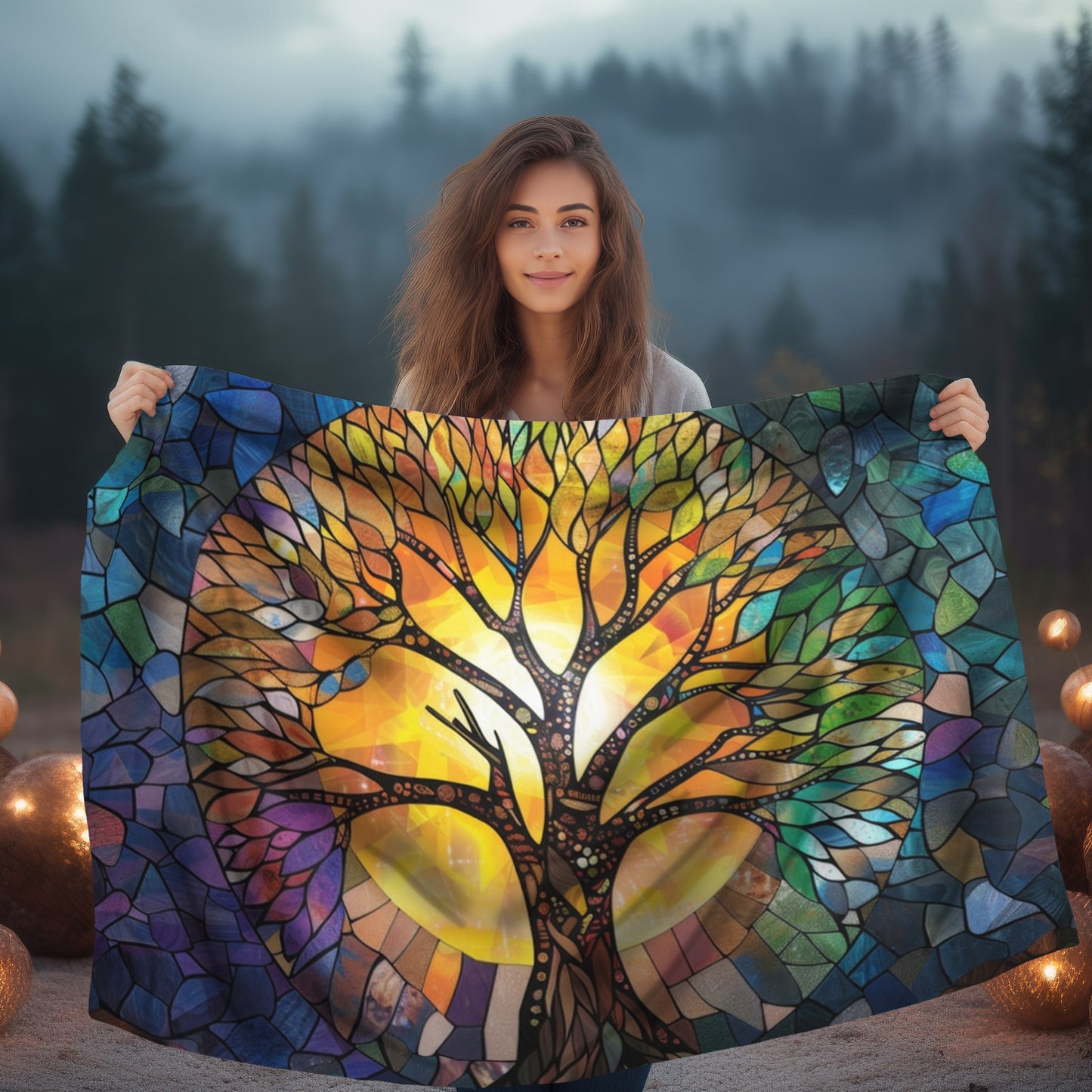 Tree of Life Stained Glass Double-Sided Throw Blanket, Vivid Nature Tapestry, Cozy Decorative Comfort for Home & Serene Retreat Spaces