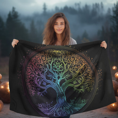 Mystic Arbor Double-Sided Throw Blanket, Enchanted Tree of Life Motif, Magical Spectrum Design, Folklore Forest Decor, Radiant Nature Art