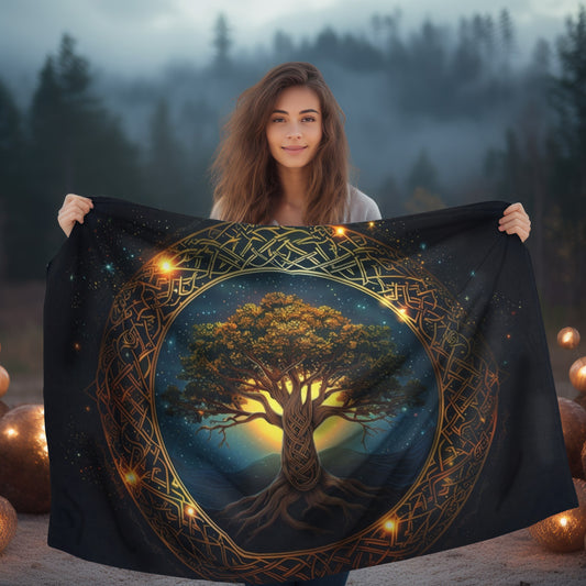 Celtic Tree of Life Mandala Double Sided Throw Blanket, Ancient Occult Aesthetic, Folk Nature Style Living, Dorm & Bed Room Decor