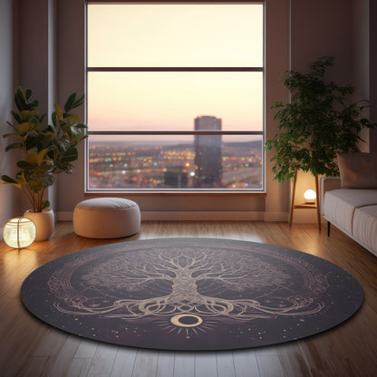 Purple Tree of Life Chenille Round Area Rug, Dark Occult-Inspired Design, Celtic Nature Decor for Home