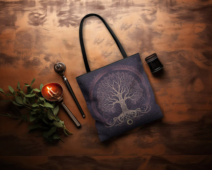 Mystic Purple Tree of Life Mandala Tote Bag – Dark Occult and Nature-Inspired Fashion, with Black Handles