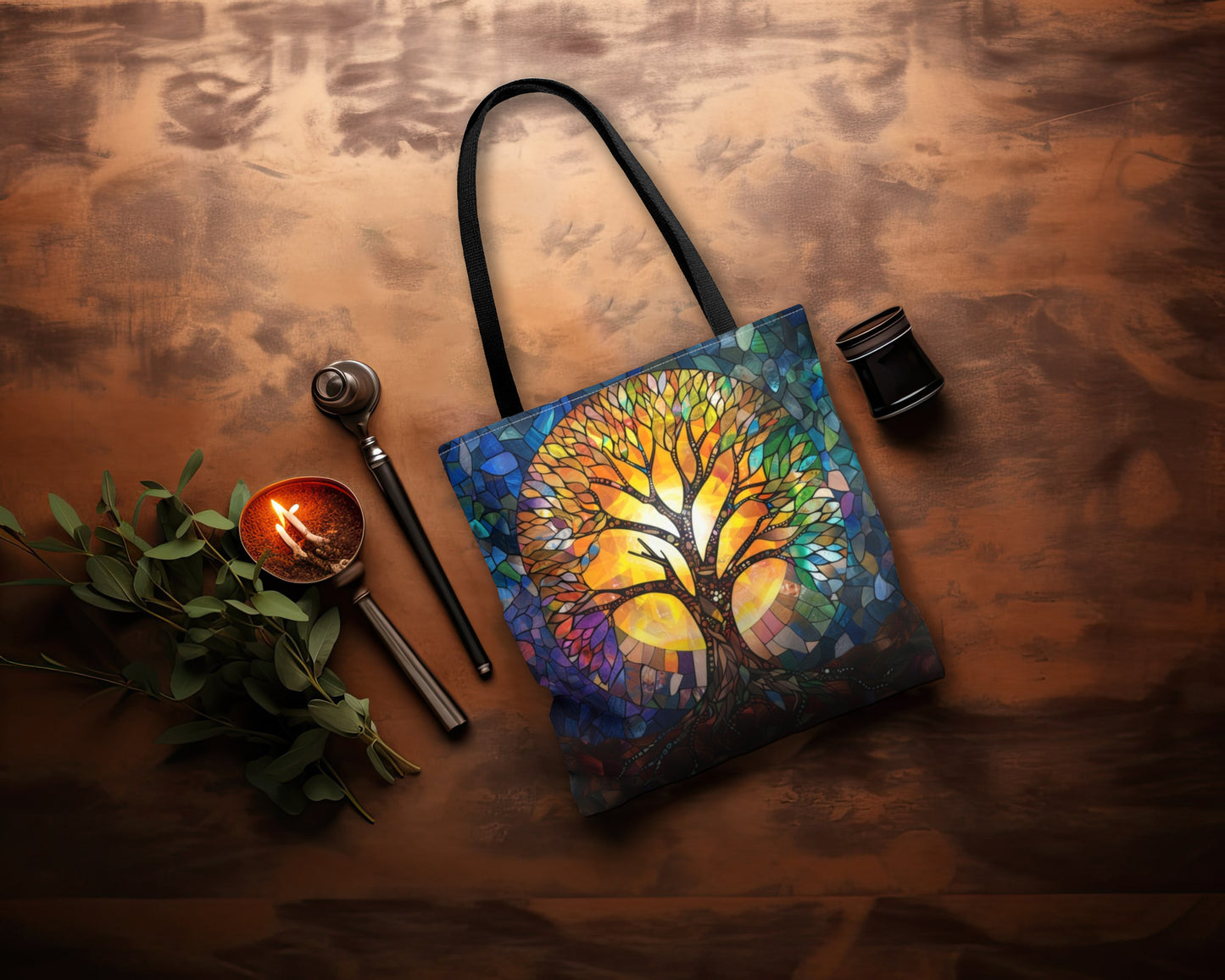 Tree of Life Stained Glass Art Tote Bag with Black Handles, Enchanting Nature Design, Multipurpose Bag for Everyday Elegance & Shopping