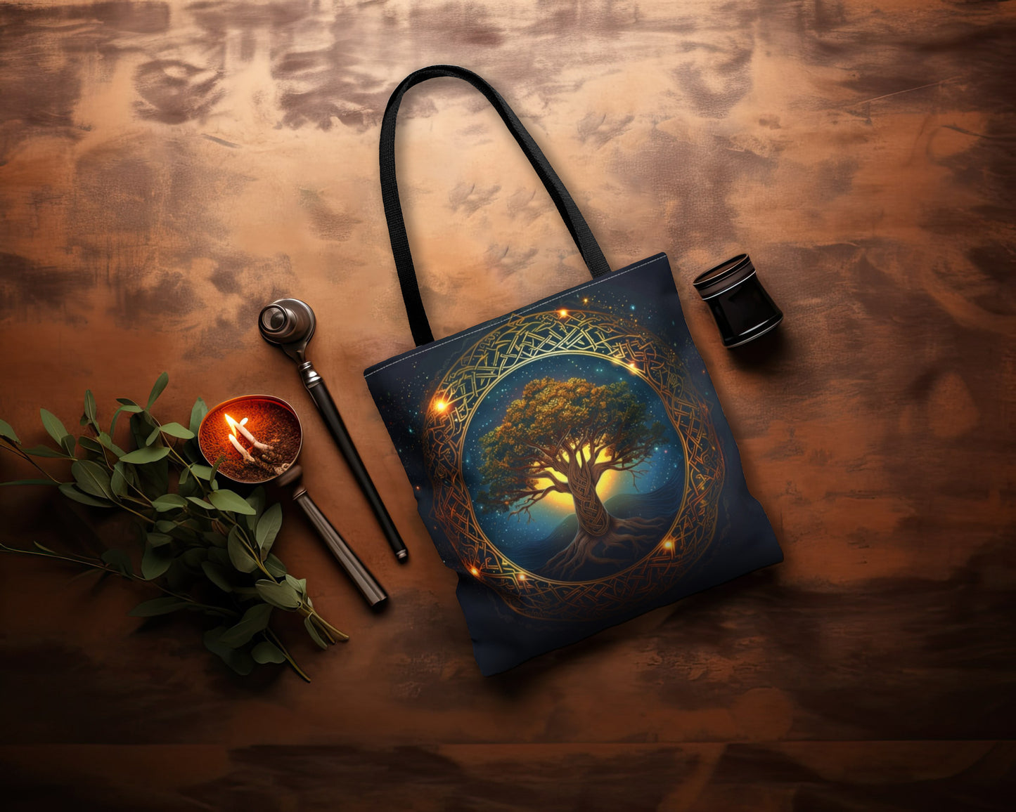 Celtic Tree of Life Mandala Double Sided Tote Bag, Ancient Occult Aesthetic, Folk Nature Fashion Style, 3 Sizes, Black Handles