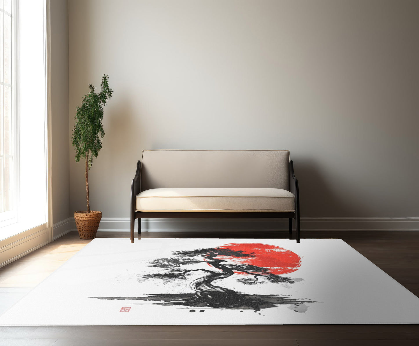 Traditional Chinese Bonsai & Red Sun Chenille Area Rug, Elegant Ink Wash Style Art, Serene Zen Decor for Home, Bedroom, Living Space, and Dorms