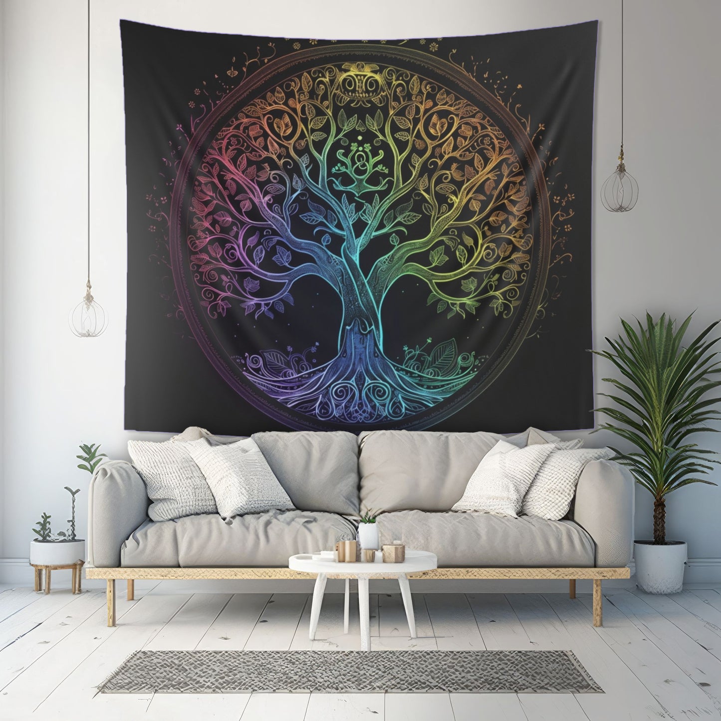 Mystic Arbor Indoor Wall Tapestry, Enchanted Tree of Life Motif, Magical Spectrum Design, Folklore Forest Decor, Radiant Nature Wall Art