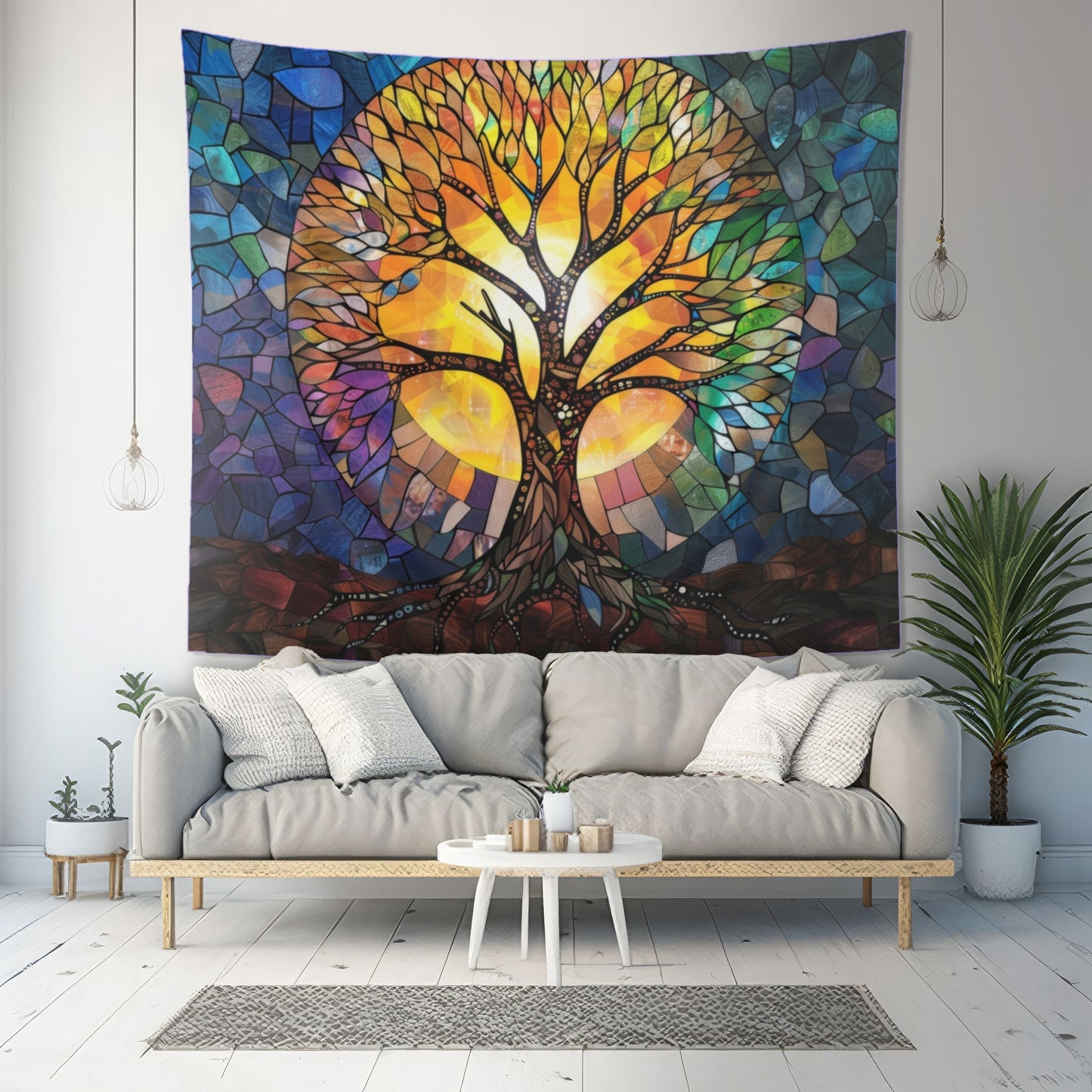 Illuminated Tree of Life Stained Glass Wall Tapestry, Majestic Nature Art, Soulful Decor for Harmonious Living & Meditative Spaces