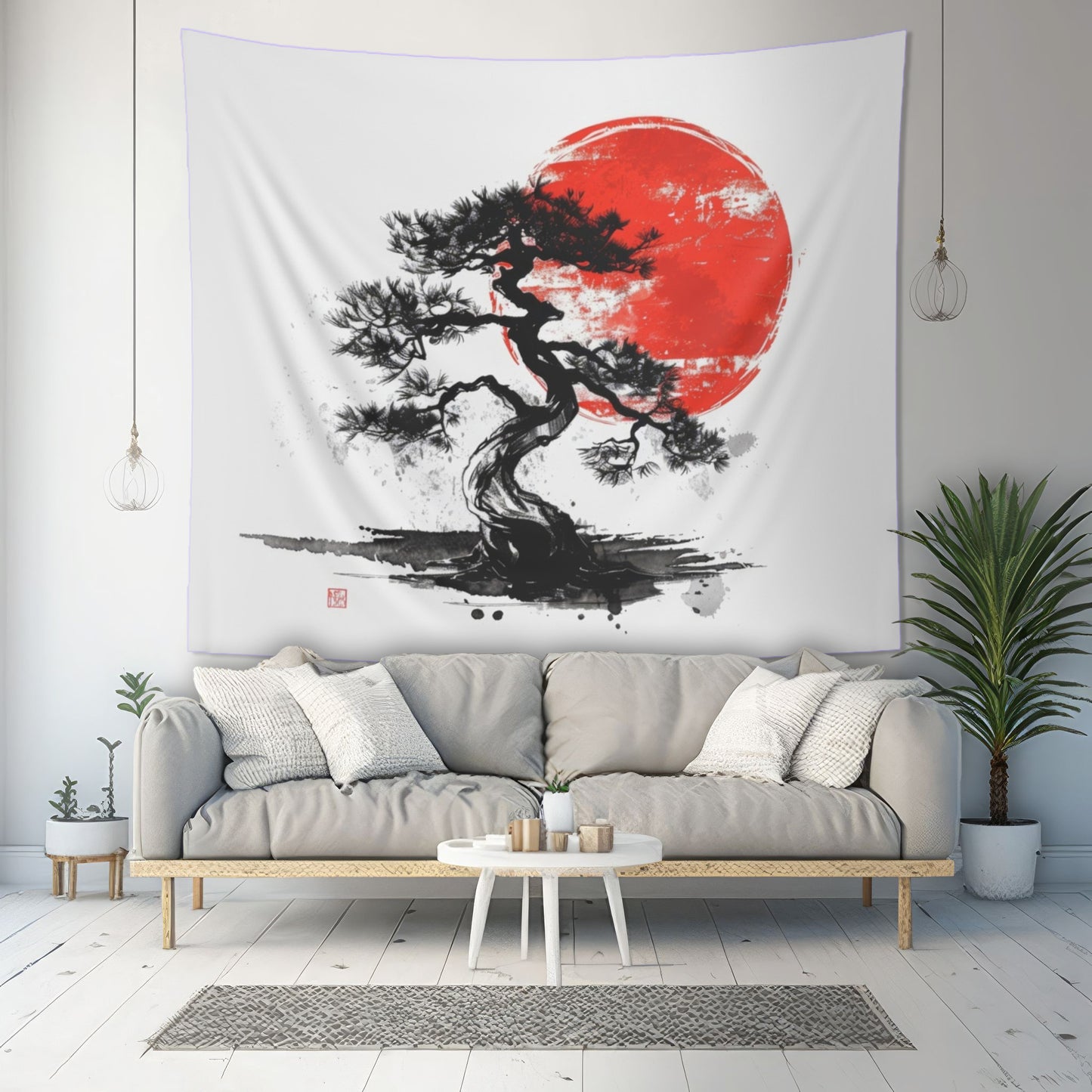 Traditional Chinese Bonsai & Red Sun Wall Tapestry, Elegant Ink Wash Style Art, Serene Zen Decor for Home, Bedroom, Living Space, and Dorms