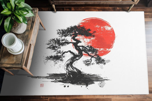 Traditional Chinese Bonsai & Red Sun Chenille Area Rug, Elegant Ink Wash Style Art, Serene Zen Decor for Home, Bedroom, Living Space, and Dorms