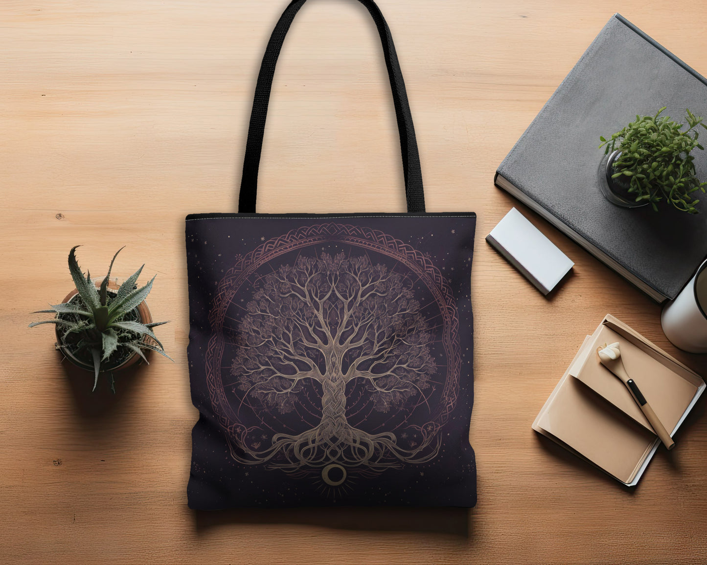 Mystic Purple Tree of Life Mandala Tote Bag – Dark Occult and Nature-Inspired Fashion, with Black Handles