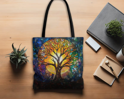 Tree of Life Stained Glass Art Tote Bag with Black Handles, Enchanting Nature Design, Multipurpose Bag for Everyday Elegance & Shopping