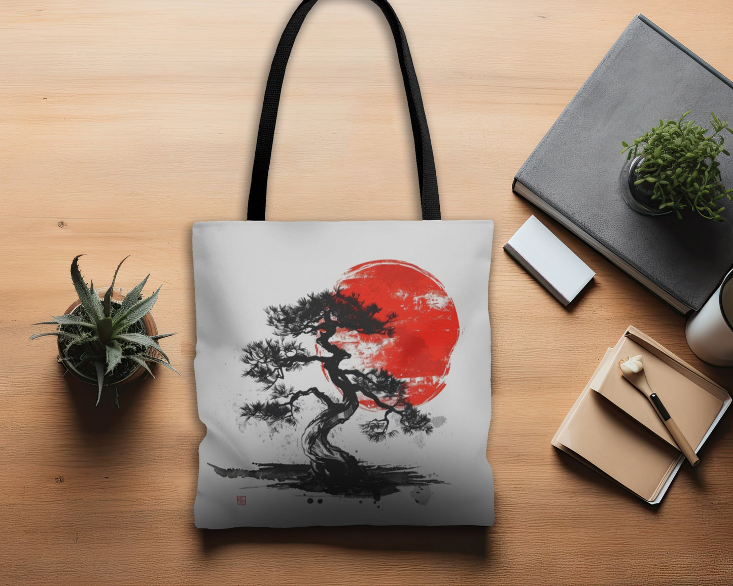 Traditional Chinese Bonsai & Red Sun Tote Bag (3 Sizes), Elegant Ink Wash Style Art, Serene Zen Fashion Style, Black Handles, Minimalist Aesthetic