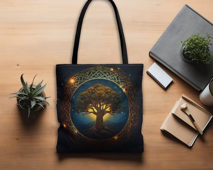 Celtic Tree of Life Mandala Double Sided Tote Bag, Ancient Occult Aesthetic, Folk Nature Fashion Style, 3 Sizes, Black Handles