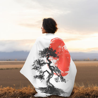 Traditional Chinese Bonsai & Red Sun 2-Sided Throw Blanket, Elegant Ink Wash Style Art, Serene Zen Decor for Home, Bedroom, Living Space, and Dorms