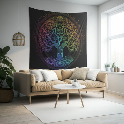 Mystic Arbor Indoor Wall Tapestry, Enchanted Tree of Life Motif, Magical Spectrum Design, Folklore Forest Decor, Radiant Nature Wall Art