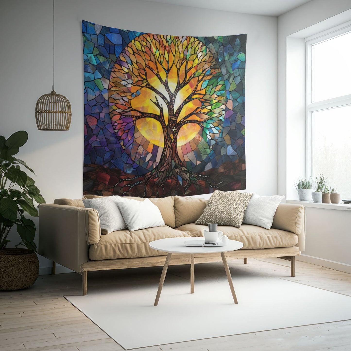 Illuminated Tree of Life Stained Glass Wall Tapestry, Majestic Nature Art, Soulful Decor for Harmonious Living & Meditative Spaces