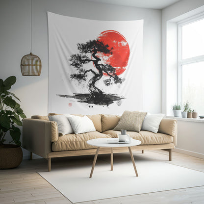 Traditional Chinese Bonsai & Red Sun Wall Tapestry, Elegant Ink Wash Style Art, Serene Zen Decor for Home, Bedroom, Living Space, and Dorms