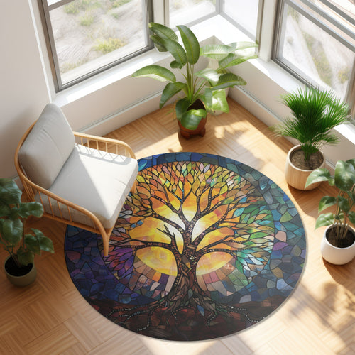 Radiant Tree of Life Stained Glass Design Chenille Round Rug, Enchanting Home Decor, Meditation & Living Space, Nature-Inspired Harmony