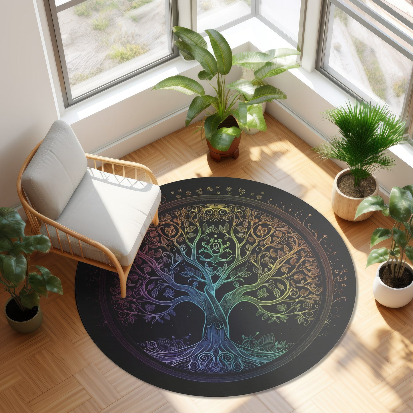 Mystic Arbor Round Chenille Area Rug, Enchanted Tree of Life Motif, Magical Spectrum Design, Folklore Forest Decor, Radiant Nature Art