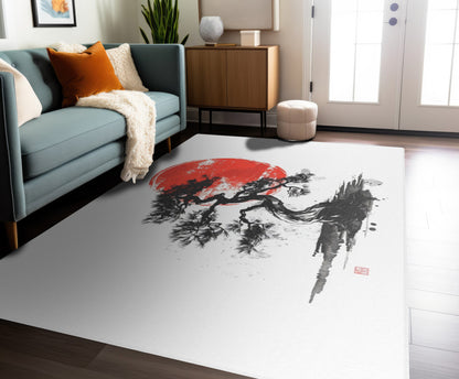 Traditional Chinese Bonsai & Red Sun Chenille Area Rug, Elegant Ink Wash Style Art, Serene Zen Decor for Home, Bedroom, Living Space, and Dorms