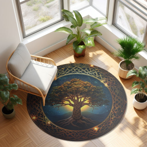 Celtic Tree of Life Mandala Round Chenille Area Rug, Ancient Occult Aesthetic, Folk Nature Style Living, Dorm & Bed Room Decor