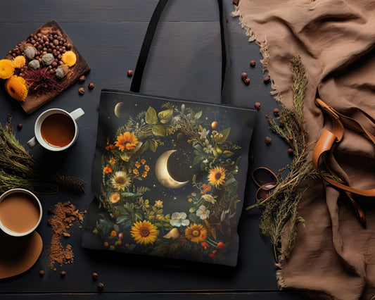 Crescent Moon & Wildflower Mandala Polyester Tote Bag (Double Sided), Dark Cottagecore Design, Witchy Style Fashion, 3 Sizes, Black Handles