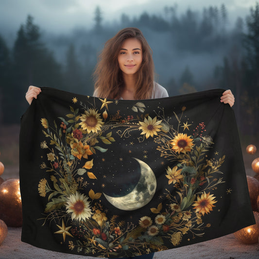 Crescent Moon & Wildflower Mandala Double Sided Throw Blanket, Dark Cottagecore Design, Witchy Lunar Lover Room Home Decor