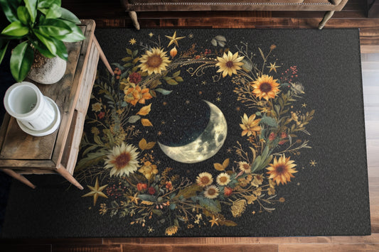 Crescent Moon & Wildflower Mandala Polyester Chenille Area Rug (3 Sizes), Dark Cottagecore Design, Witchy Lunar Aesthetic Room Decor