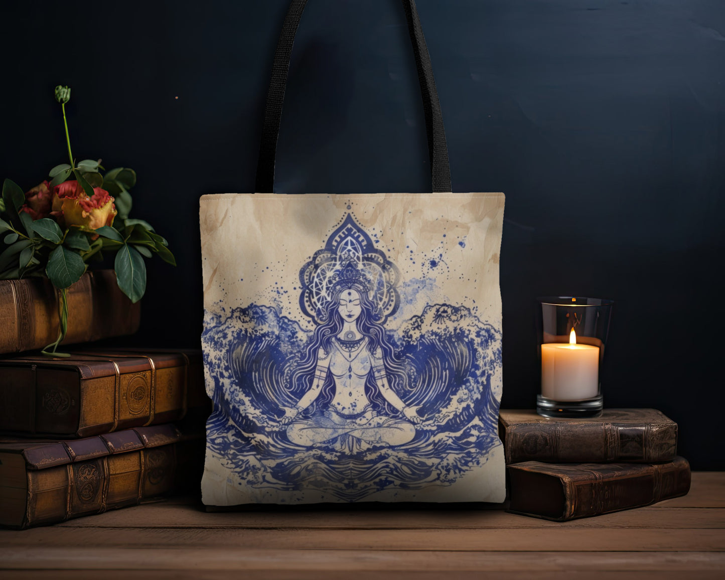 Water Goddess Polyester Tote Bag (Double Sided), Zen Nature Aesthetic, Sacred Geometry Style Fashion, 3 Sizes, Black Handles