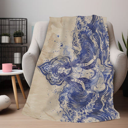 Water Goddess Two-Sided Throw Blanket, Mystical Occult Design, Sacred Geometry Aesthetic, Enchanting Bedroom and Living Room Decor