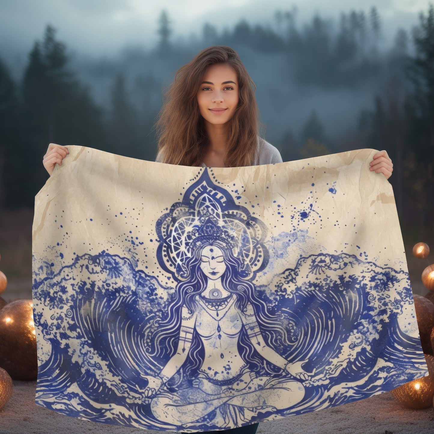 Water Goddess Two-Sided Throw Blanket, Mystical Occult Design, Sacred Geometry Aesthetic, Enchanting Bedroom and Living Room Decor