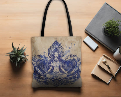 Water Goddess Polyester Tote Bag (Double Sided), Zen Nature Aesthetic, Sacred Geometry Style Fashion, 3 Sizes, Black Handles