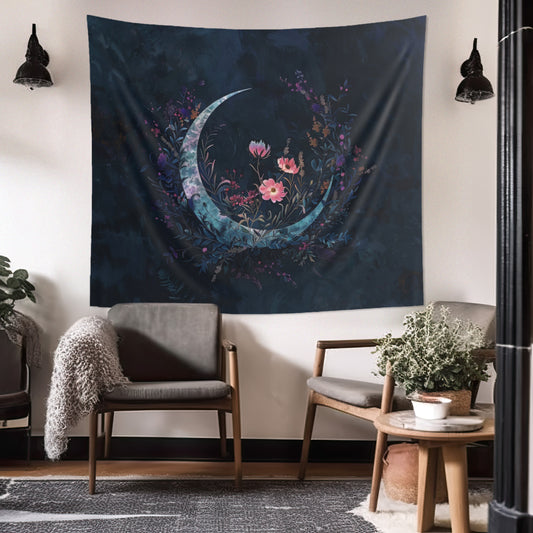 Crescent Moon & Wildflower Indoor Wall Tapestry, Dark Cottagecore Design, Lunar Lover Gift, Enchanting Bedroom, Living, and Dorm Room Decor