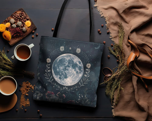 Full Moon & Wildflower Double-Sided Tote Bag – Dark Cottagecore Elegance with Black Handles, Perfect for Moon Admirers