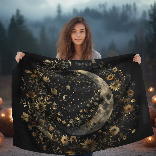 Crescent Moon & Wildflower Mandala Double Sided Throw Blanket, Dark Cottagecore Design, Witchy Lover Room Home Decor