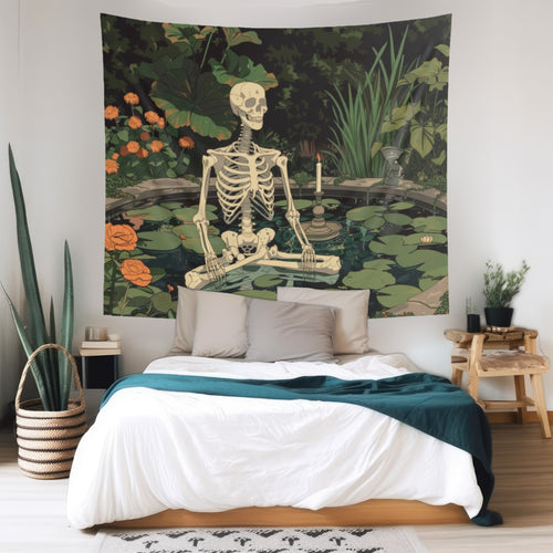 Skeleton Meditating in Zen Garden Indoor Wall Tapestry, Cottagecore Design, Gothic Folk Aesthetic Enchanting Bedroom, Living, and Dorm Room Decor