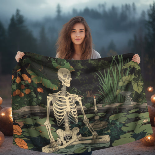 Skeleton Meditating in Zen Garden Double Sided Throw Blanket (3 Sizes), Cottagecore Design, Gothic Folk Aesthetic Bedroom, Living, and Dorm Room Decor